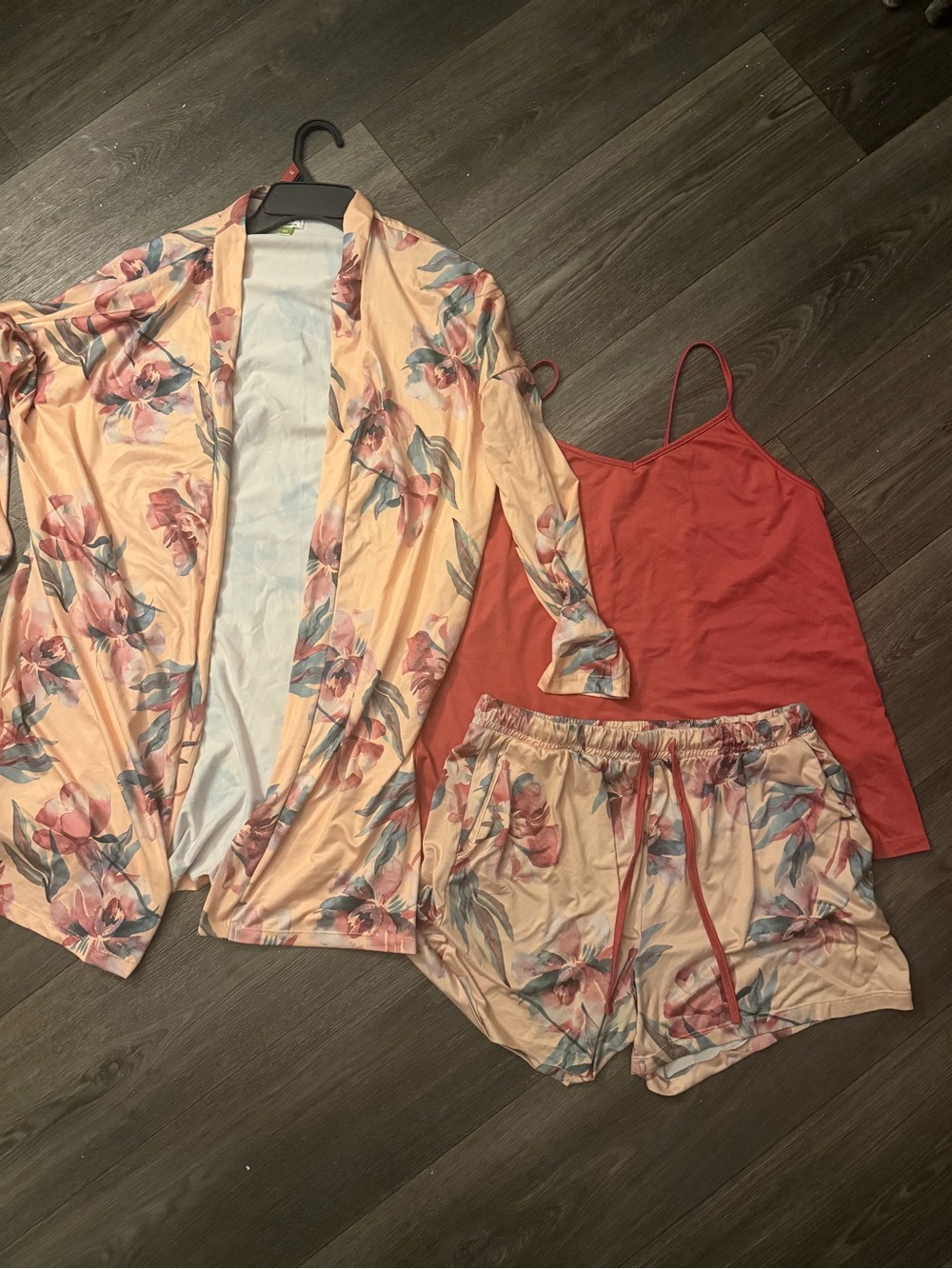 Serra Peach Floral Satin 3-Piece Pajama Set with Coral Camisole